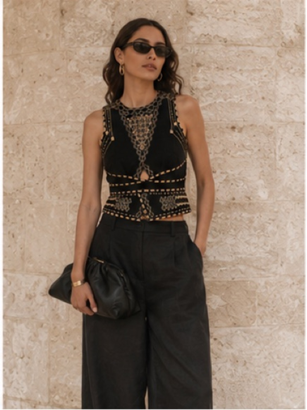 BCBG MaxAzria Embroidered Structured Top Black Taupe Statement - Hidden Back Zip